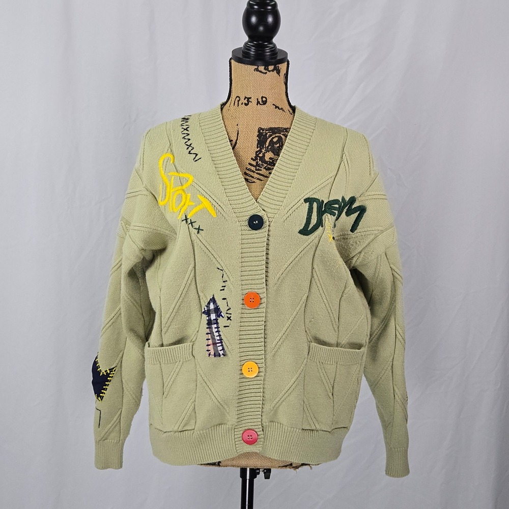 Ebossy Patchwork Graphic Cardigan Sweater M Embroidered Streetwear Knit